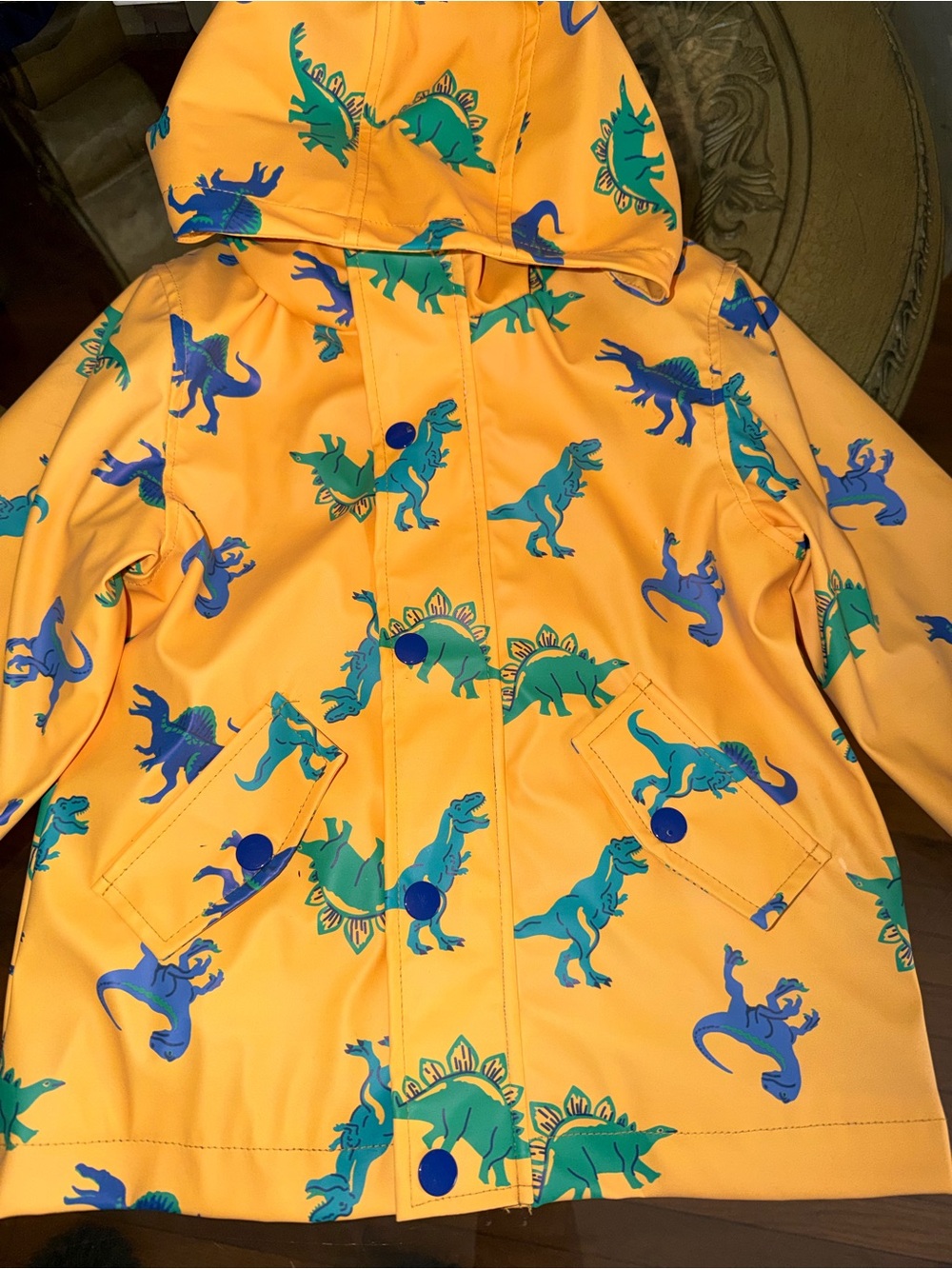 Target Orange Hooded Raincoat with Green & Blue Dinosaur Print
